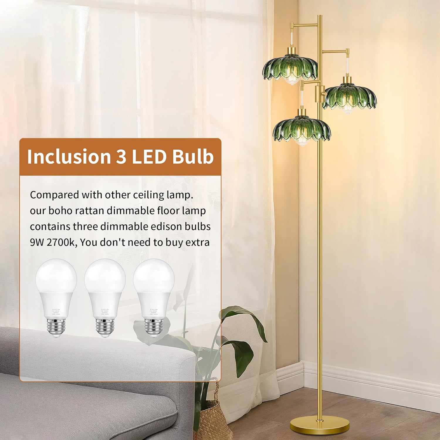 Vintage Floor Lamps for Living Room Bedroom-3 Light Dimmable Gold Floor Lamp with Glass Lampshape, Flower Tall Lamp Modern Mid Century Standing Lamp Green Tree Floor Lamp for Bedroom Corner