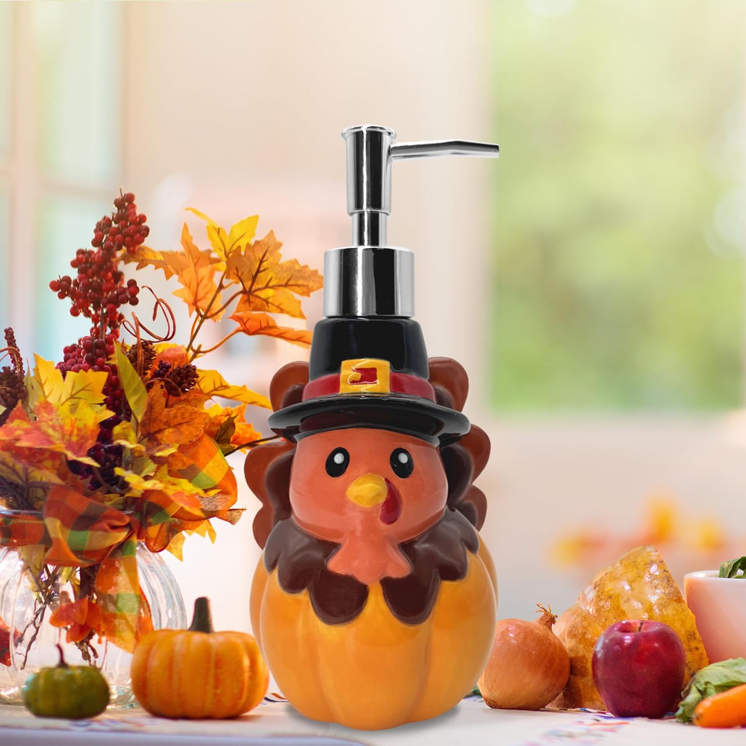 Thanksgiving Turkey Soap Dispenser, Thanksgiving Turkey Bathroom Decor Ceramic Soap Dispenser for Kitchen Countertop, Thanks Bathroom Decorations Refillable Hand Soap Dispenser with Pump Kitchen Decor