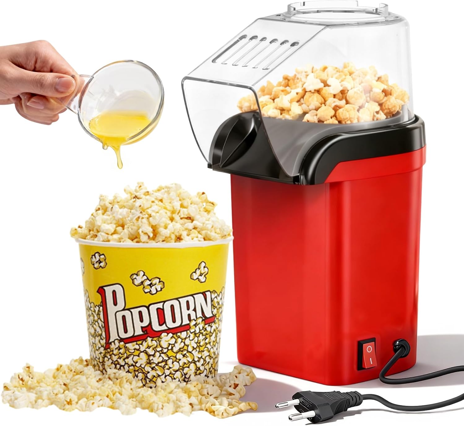 Maszyna do popcornu na gorące powietrze, 1200 W, urządzenie do robienia popcornu na gorące powietrze, z miarką, przezroczysta pokrywka, otwór do napełniania, zdrowa i bezolejowa, maszyna do robienia
