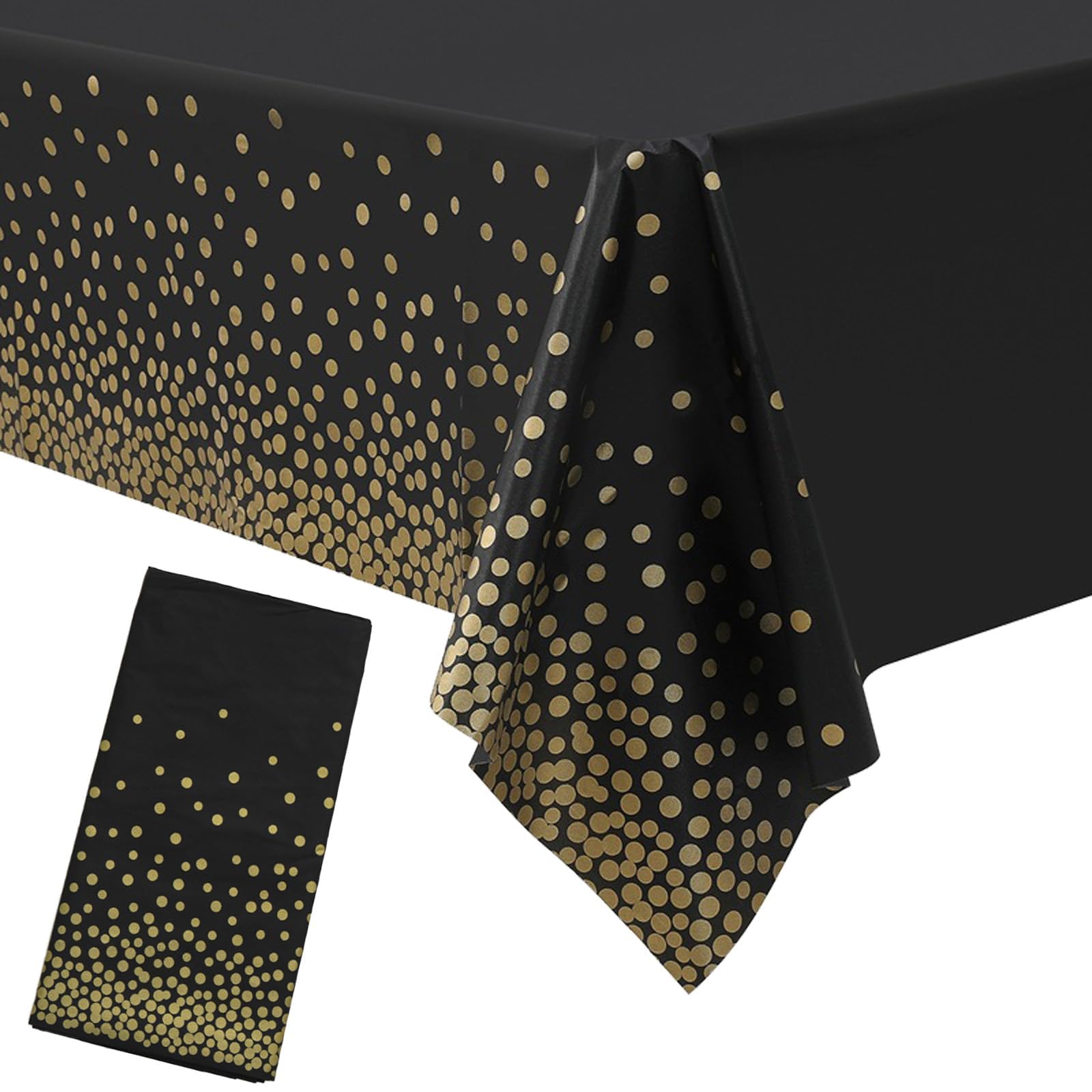 HUANYO 2 Pack Party Tablecloth for Rectangle Table, Gold Glitter Polka Dot Rectangular Table Cover, for Birthday Party, Wedding, Baby Shower, Bridal Shower, Christmas, 137 x 274cm (black gold)