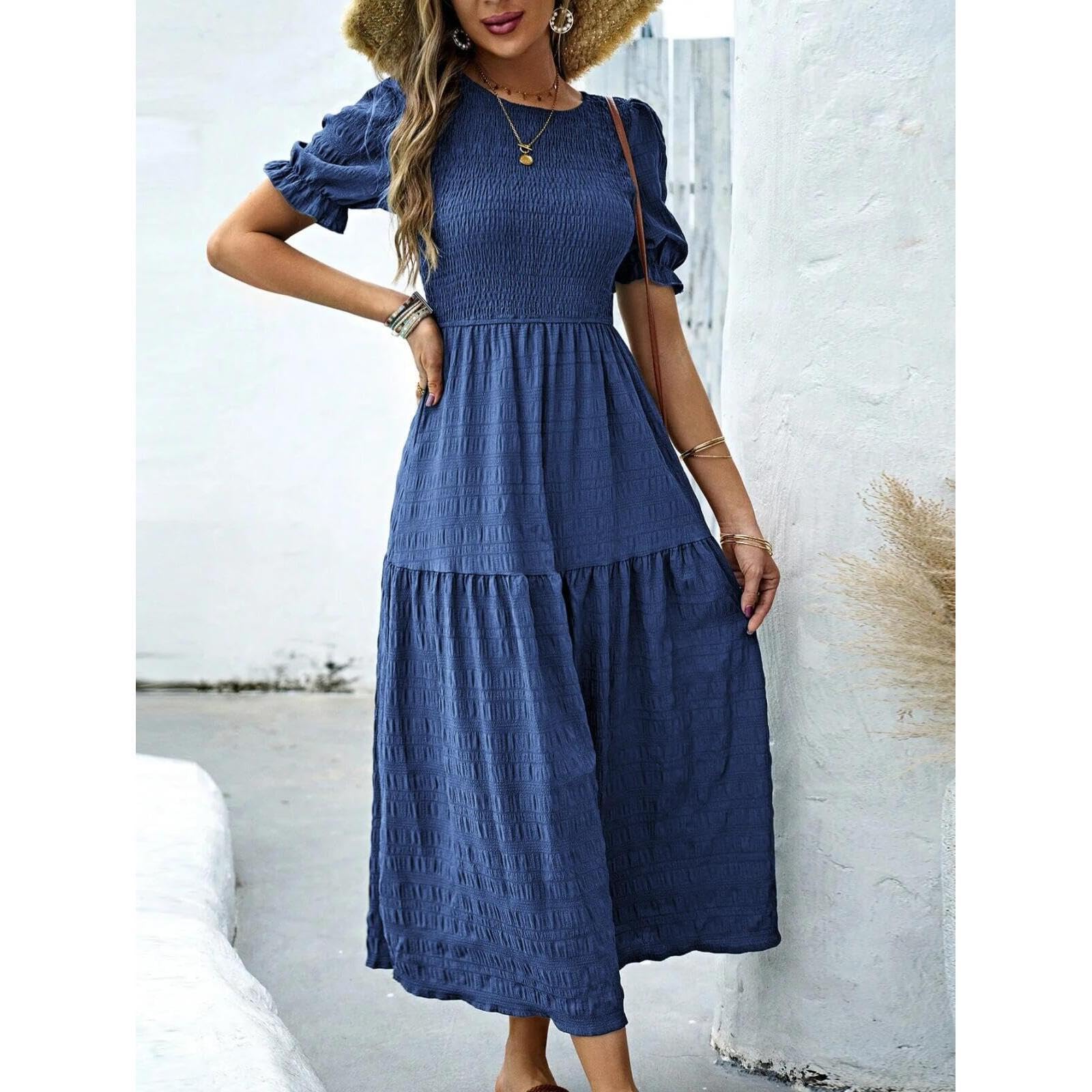 Damen-Maxikleid mit Rüschen Elegantes Freizeitkleid Frühling-Sommer-Mode Einfarbiger elastischer Maxirock