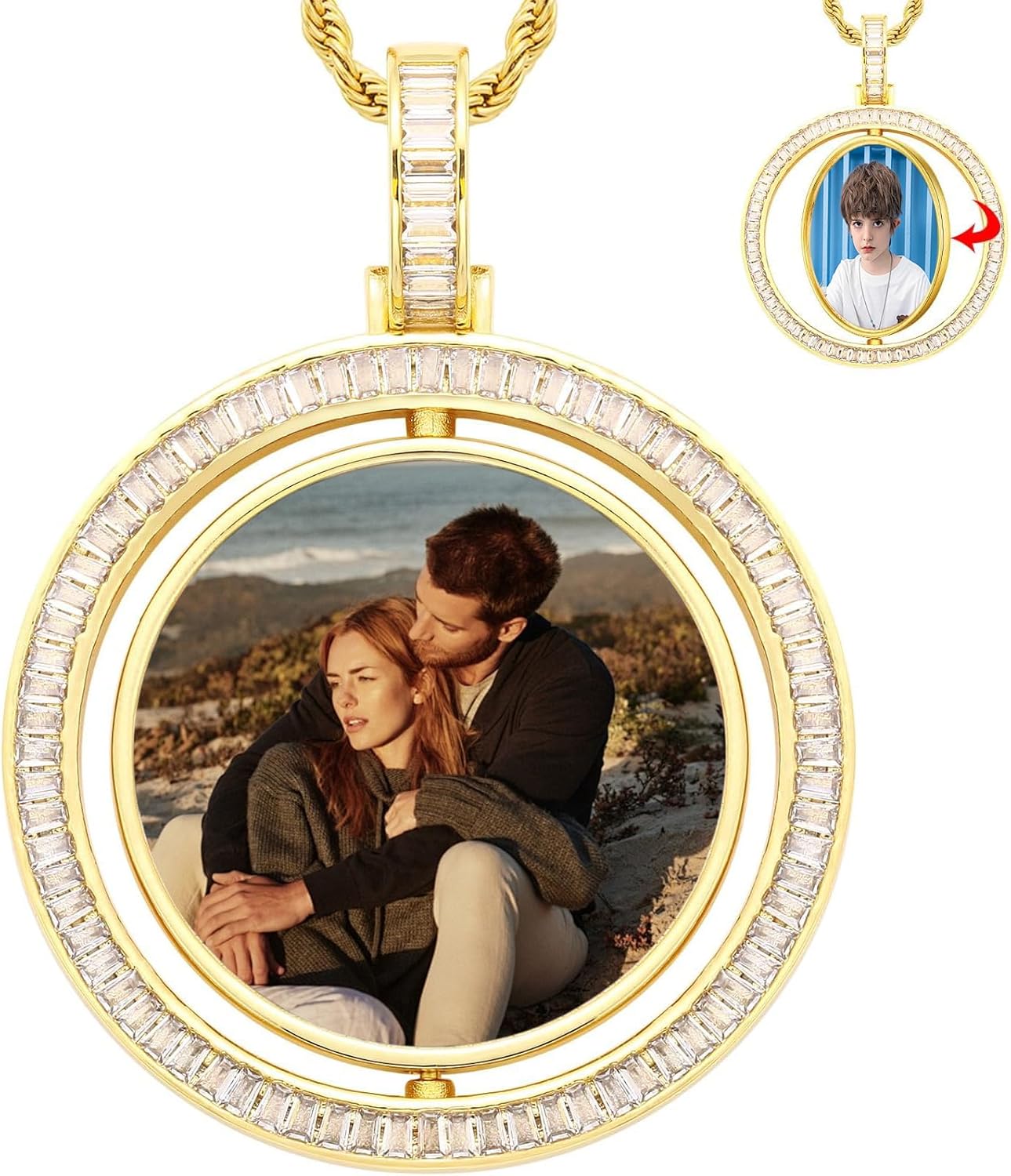 Photo Custom Necklace for Men Women Double-Sided Rotating Necklaces Circle Chain Memorial Necklace with Picture Inside Hip Hop Custom Jewelry