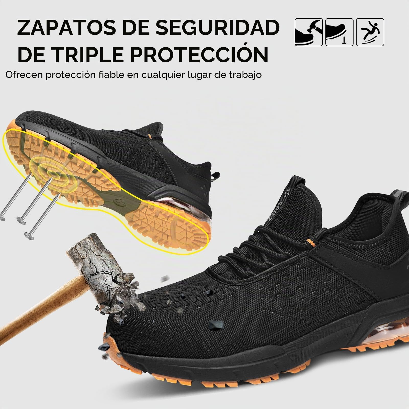 SPIEZ Zapatos de Seguridad para Hombres Mujeres - Puntera de Acero Compuesto sin Amortiguación de Aire, Diseño de Zapatilla de Moda Ligera, Comodidad de Manos Libres, Negro Naranja EU 36-46
