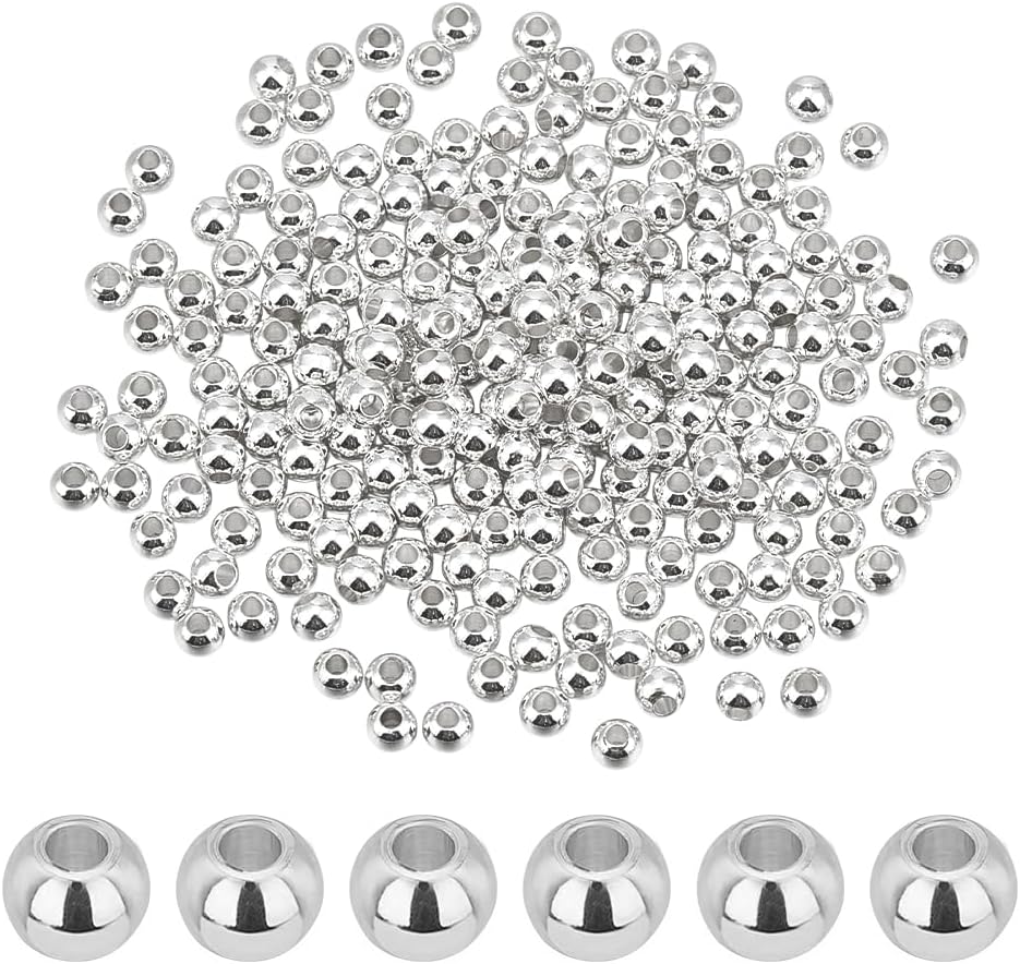 PH PandaHall 300pcs 4mm Smooth Round Beads Silver Spacer Beads Brass Bead Long-Lasting Plated Loose Spacer Seamless Ball Bead for Summer Hawaii Stackable Bracelet Necklace Earring Jewelry Making