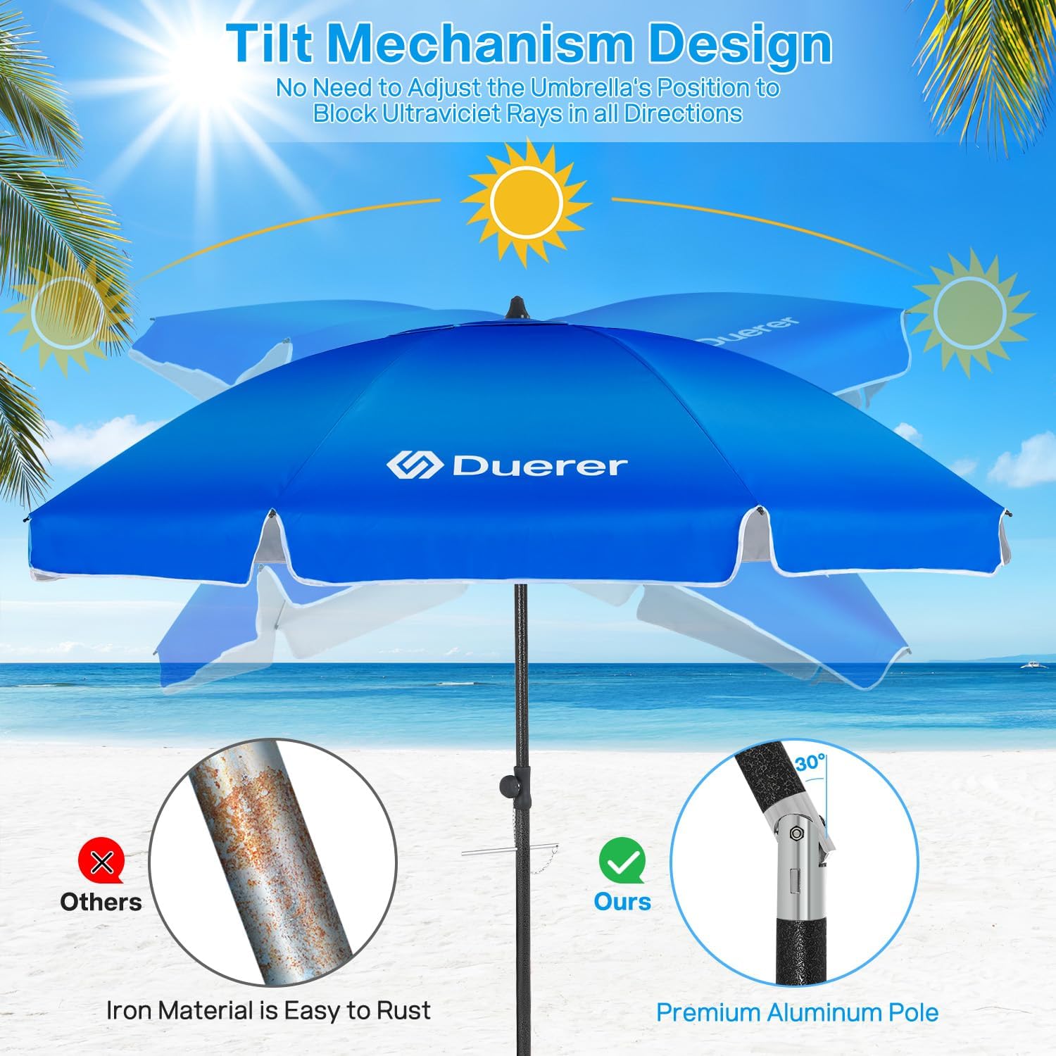 Duerer Beach Umbrellas, 8.5FT Beach Umbrella for Sand with Anchor Heavy Duty Windproof, Height Adjustable Tilt Iron Pole, Portable Beach Umbrella with Carrying Bag for Beach, Patio Garden Outdoor