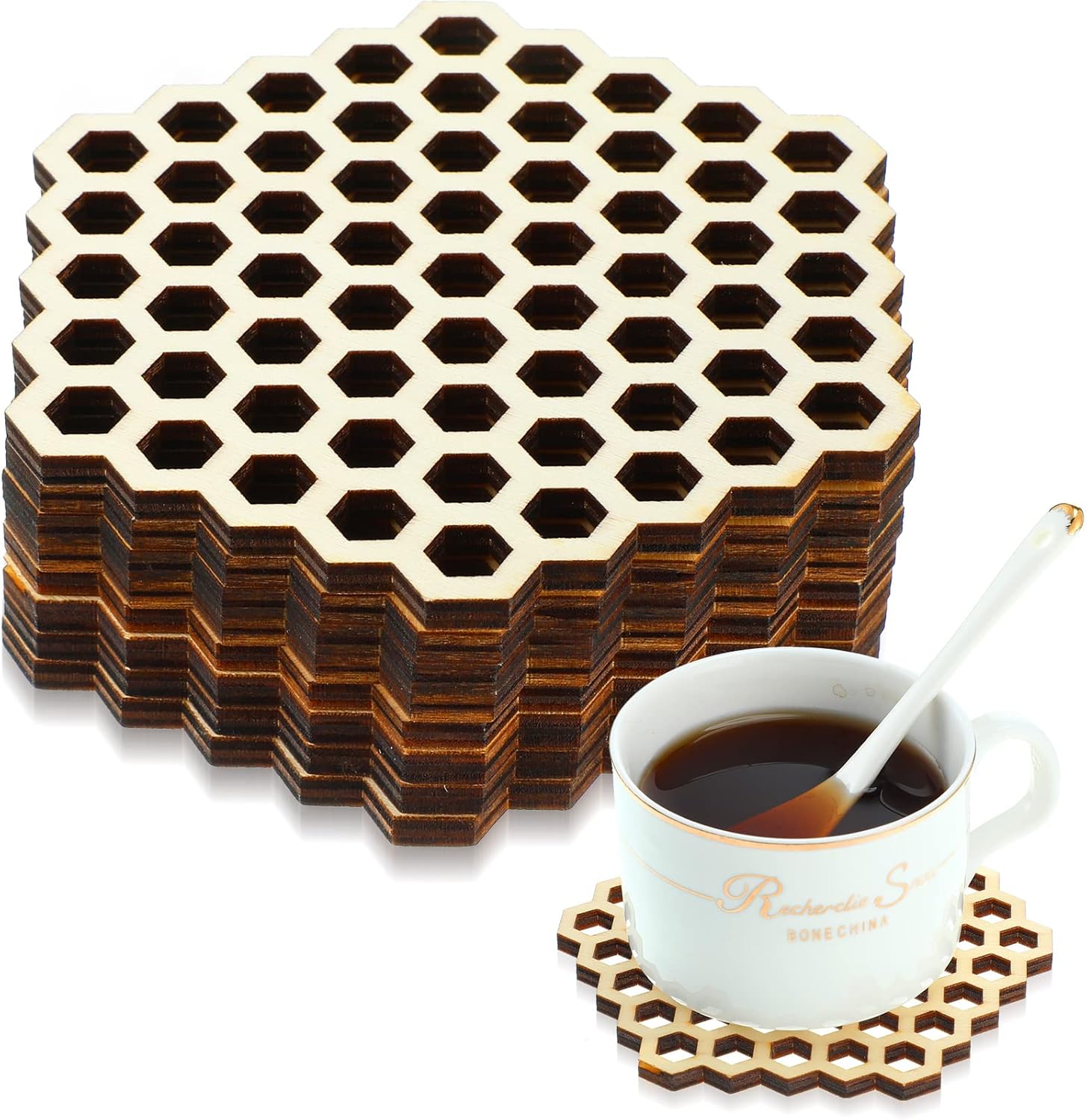 8 Pcs Wood Coaster Set Hollow Hex Honey Comb