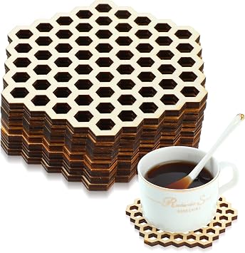 Cindeer 8 Pcs Honeycomb Wood Coaster Set Hollow Hex Honey Comb Wooden Coaster Hexagon Honeycomb Coasters Honeycomb Wooden Cup Cushion Mug Mats for Housewarming Gift Coffee DIY Bar Home Decor