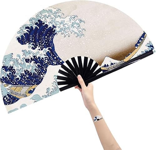Amajiji Ventilador plegable grande, ventilador de mano plegable de bambú chino y tela de nailon, abanicos plegables de mano para mujereshombres,