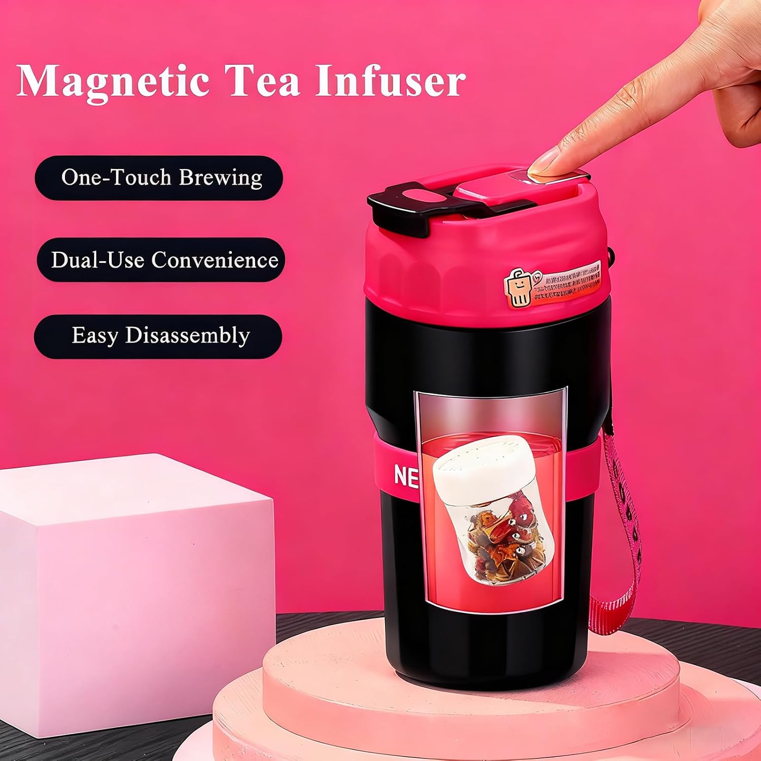 Toycol Thermal Infuser Insulated Tumbler, Magnetic 2-in-1 Stainless Steel Travel Mug for Tea & Coffee, 16OZ/480ML Leak-Proof Water Bottle with Wide Mouth & Carry Lanyard, Ideal Gift (Black)