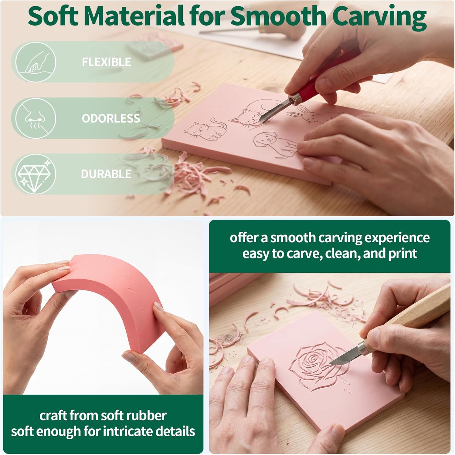 Yauhar 15Pcs 4" x 6" Linocut Carving Kit for Beginner, Pink Rubber Linoleum Printing Blocks, Hobby Crafting Kits Birthday Gift for Printmaking, Stamp Making, and DIY Art Projects