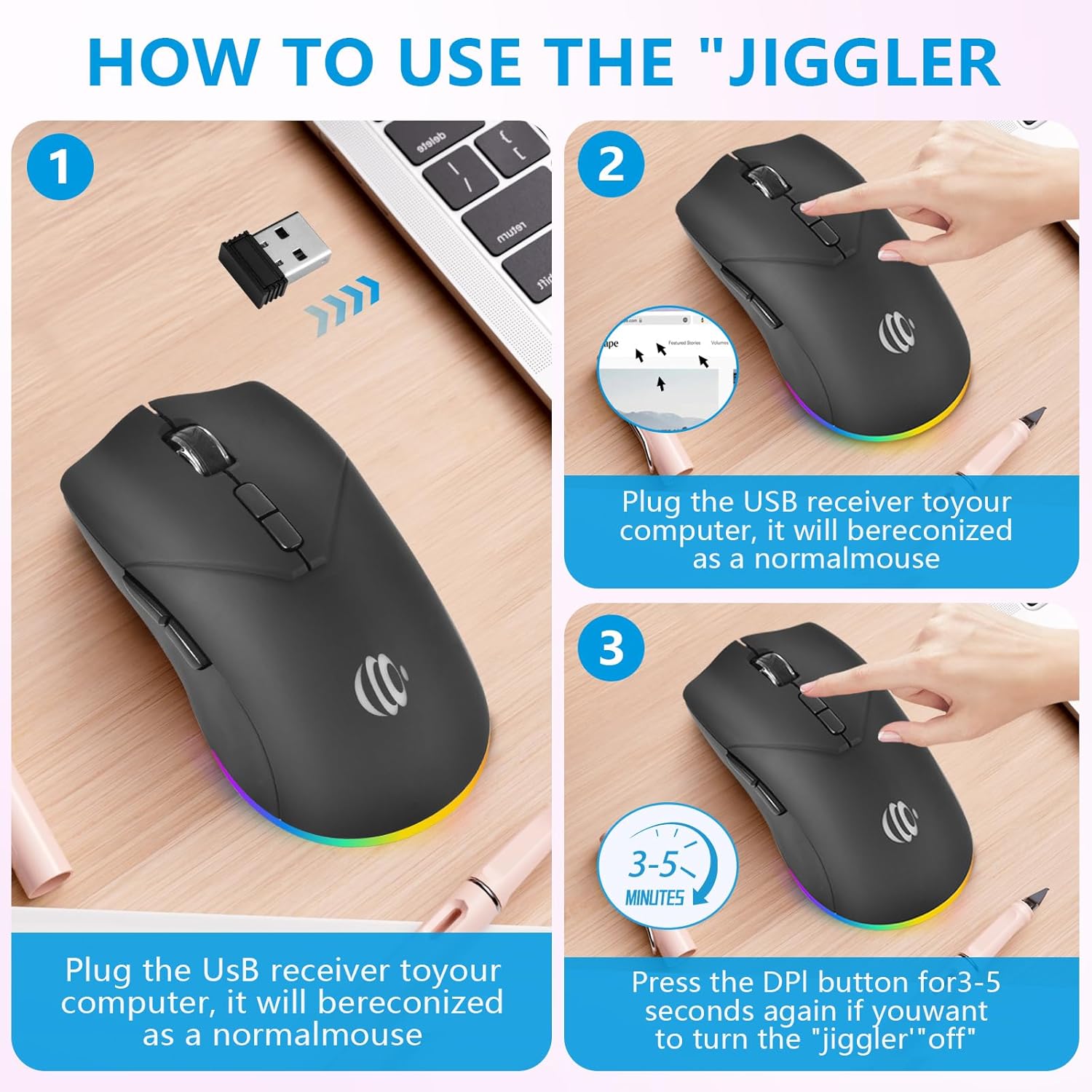 Wireless Bluetooth Mouse, Rechargeable USB Optical Mouse, 3 Adjustable DPI, LED Silent Dual Mode(Bluetooth 5.2 and 2.4G) Wireless Mouse for Laptop, PC, Mac,Ipad,Wide Compatibility. (Black) - Image 3