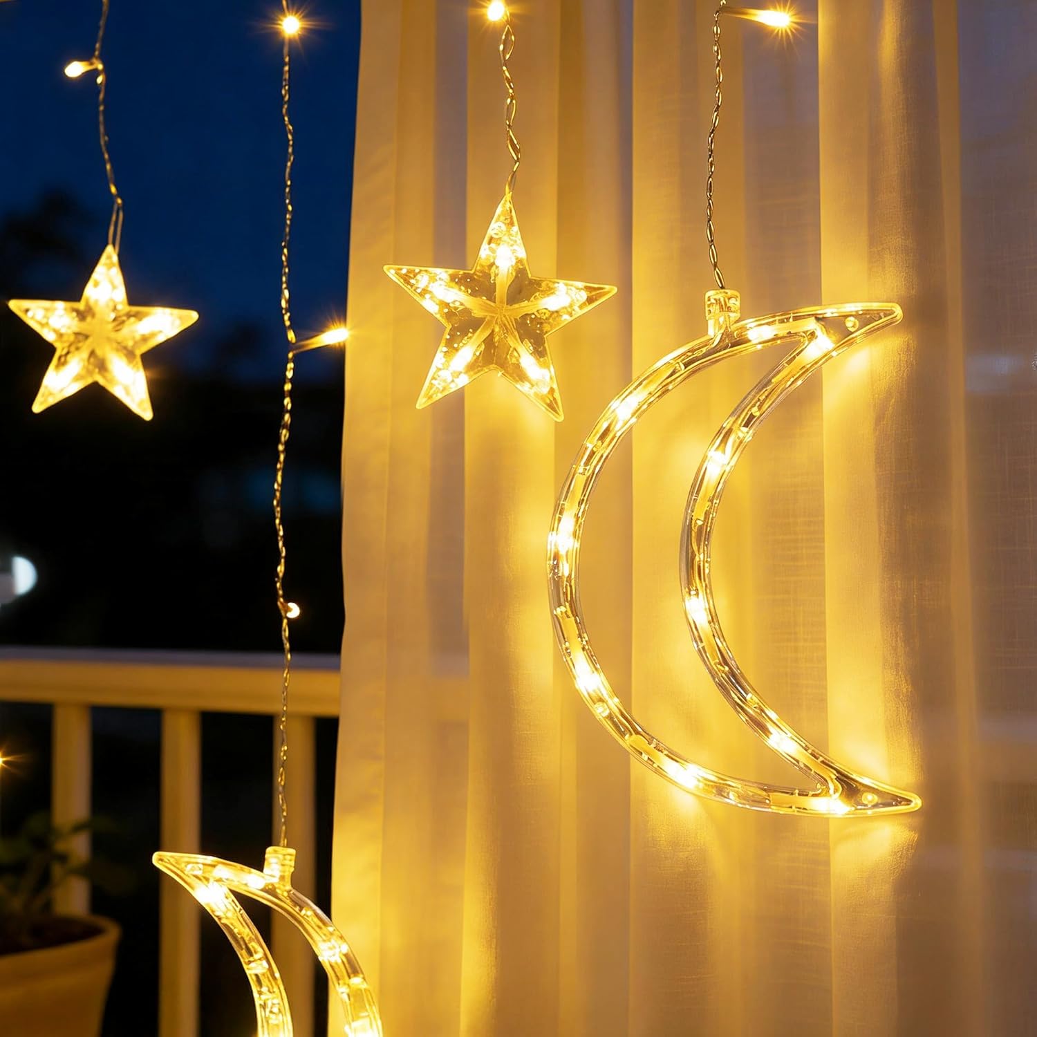 TW SHINE Ramadan Star Moon Curtain String Lights, 138 LED 8.2 FT Star Moon Hanging Lights with 8 Modes and Timer, Waterproof Fairy Lights for Indoor Outdoor Window Holiday Mubarak Ramadan Decorations