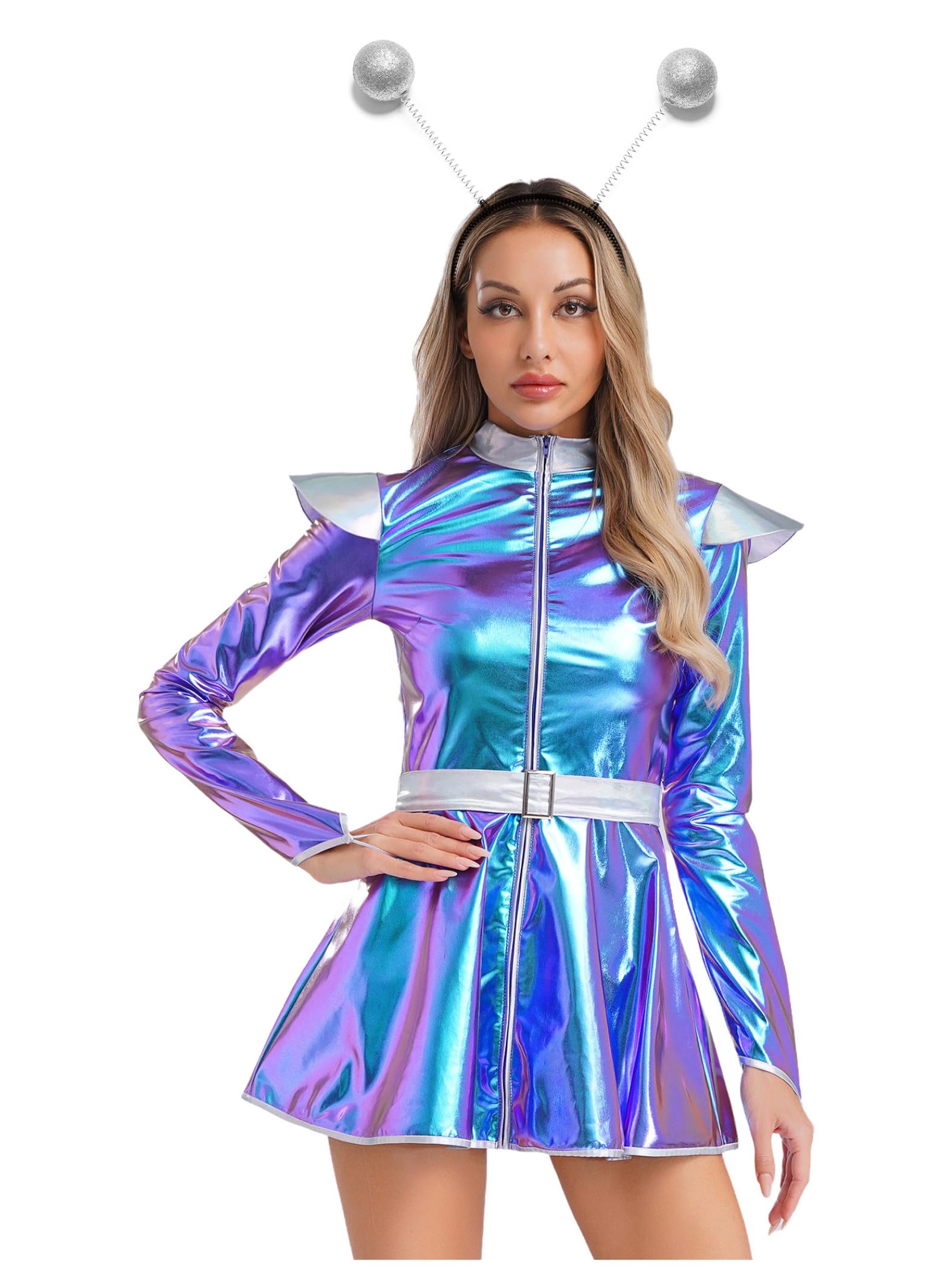 Yiesvsov Women Alien Metallic Dress for Halloween Cosplay Costume Long Sleeve Catsuit Funny Bodysuit 2 Pcs Set Blue 4XL