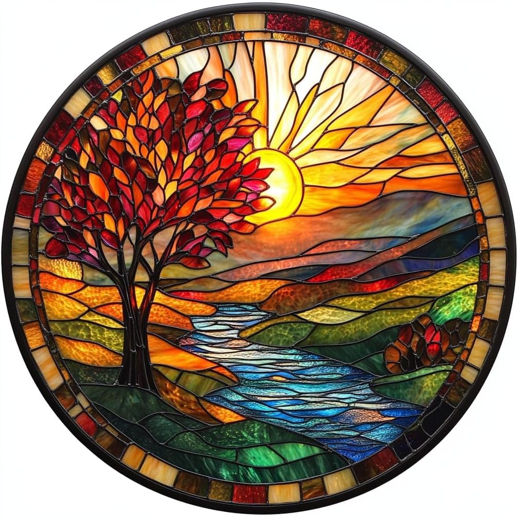 Vibrant Sunset Landscape Stained Glass Style Window Hanging, Colorful Nature Decor for Home and Gift Ideas