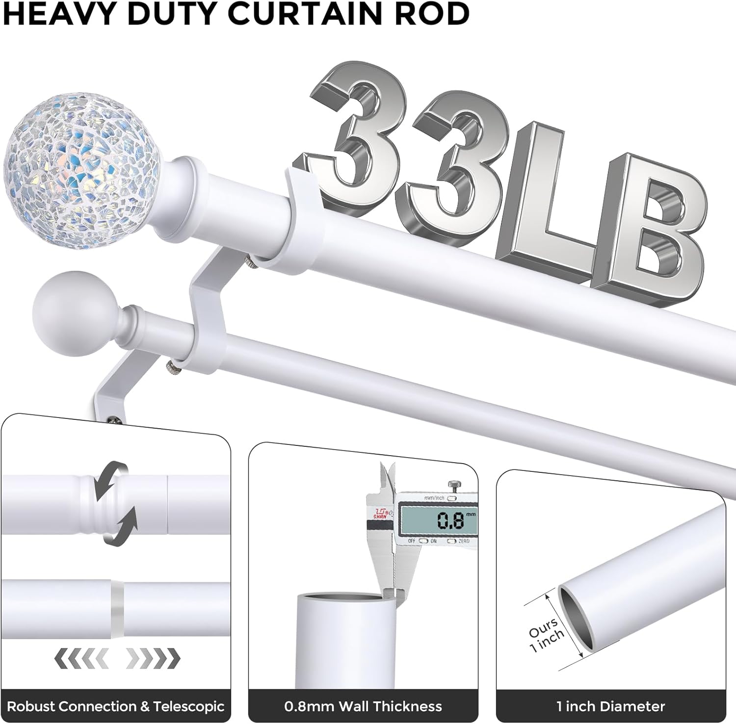 White Double Curtain Rod 72 to 144 Inch, Decorative Extra Long Dual Curtain Rod with Mosaic Glass Crystal Ball Finial, 1 Inch Adjustable Heavy Duty Cute Coastal Drapery Rods for Girls Room