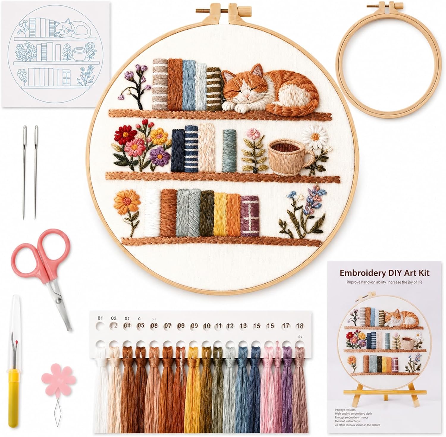 TopHand Reading Tracker 8" Embroidery Kit for Beginners, DIY Bookshelf Stamped Cross Stitch Kit with Blank Spines to Customize, Hand-Stitched Bookish Decor, Floral Threads (Flowers + Books + Cats)