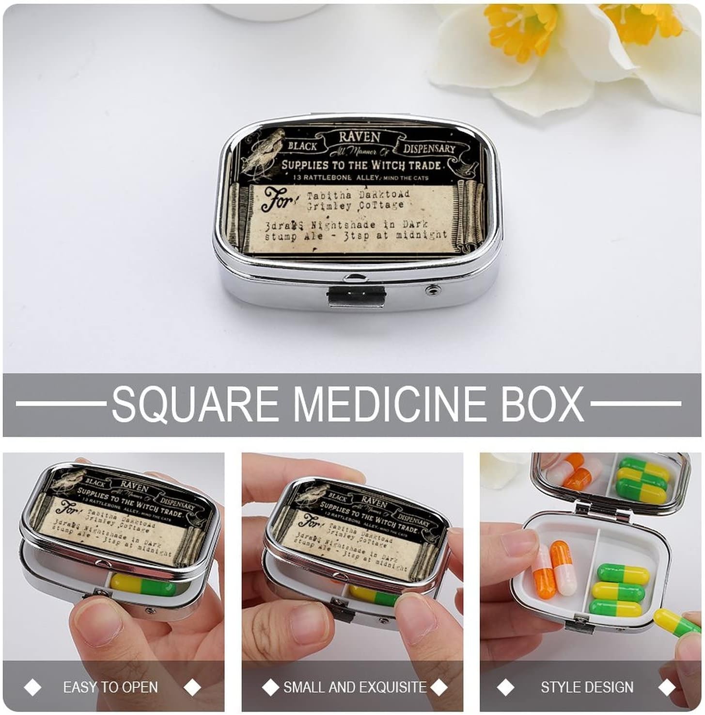 HOMETRIP Metal 2 Compartment Pill Organizer Travel Friendly Portable Compact Pill Box Cute Pill Case to Hold Vitamins/Tylenol/Fish Oil/Supplements/Meds/Tablet for Purse/Pocket (Vintage Label)