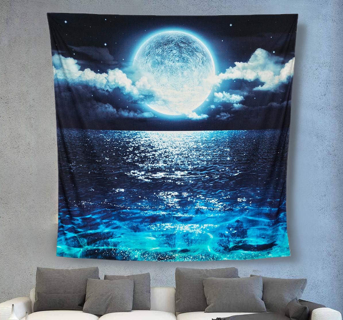 ACRAFT Wall Tapestry Moon Ocean Stars for Bedroom Wall Hanging Blue Queen Teal Turquoise Decor Ocean Sea Tapestries for Yoga Beach Picnic Blanket(Shining Clean)
