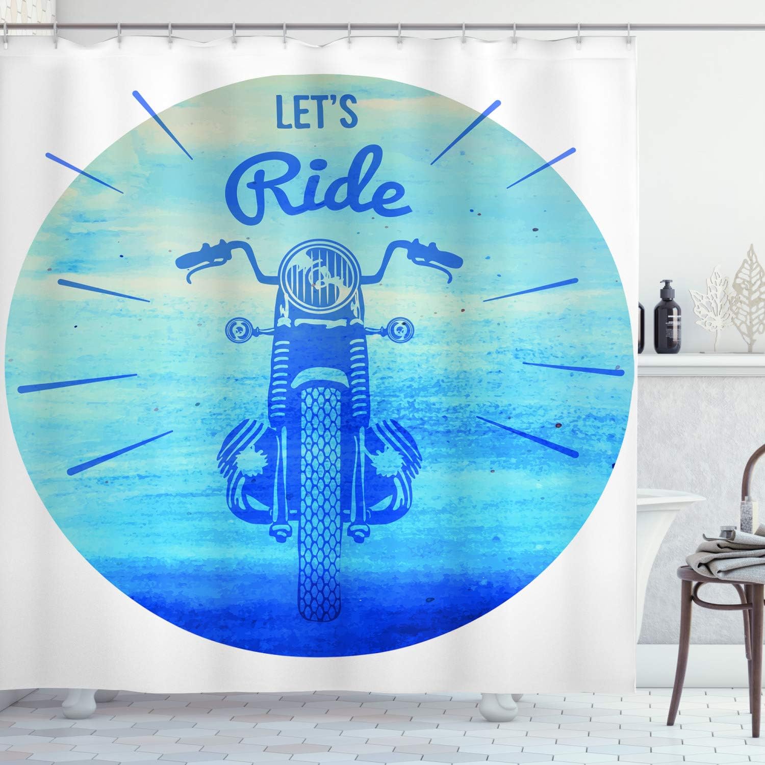 Ambesonne Hand Drawn Shower Curtain, Vintage Hand Drawn Motorcycle with Lets Ride Words Poster Image, Cloth Fabric Bathroom Decor Set with Hooks, 69" W x 70" L, Sky Blue and Dark Blue