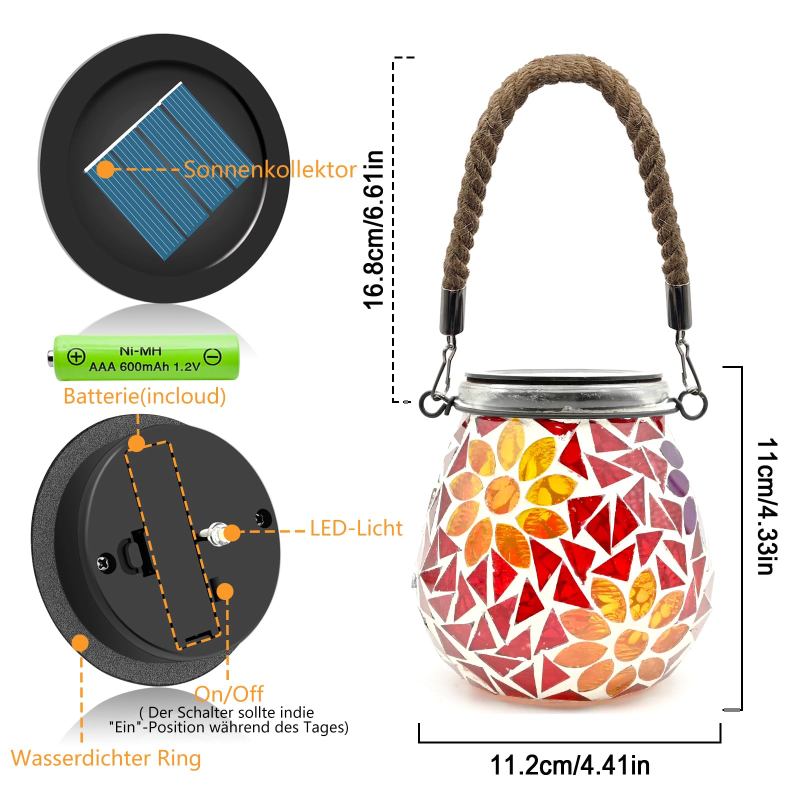 1 lanterna solare a mosaico ovale per esterni, in vetro On/Off, lanterna da tavolo, impermeabile IP65, resistente all'acqua, per prato, vialetto, patio, terra, stagno, fiori,