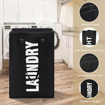 Maxsilan 50L Laundry Basket, Collapsible Washing Clothes Bag, Black