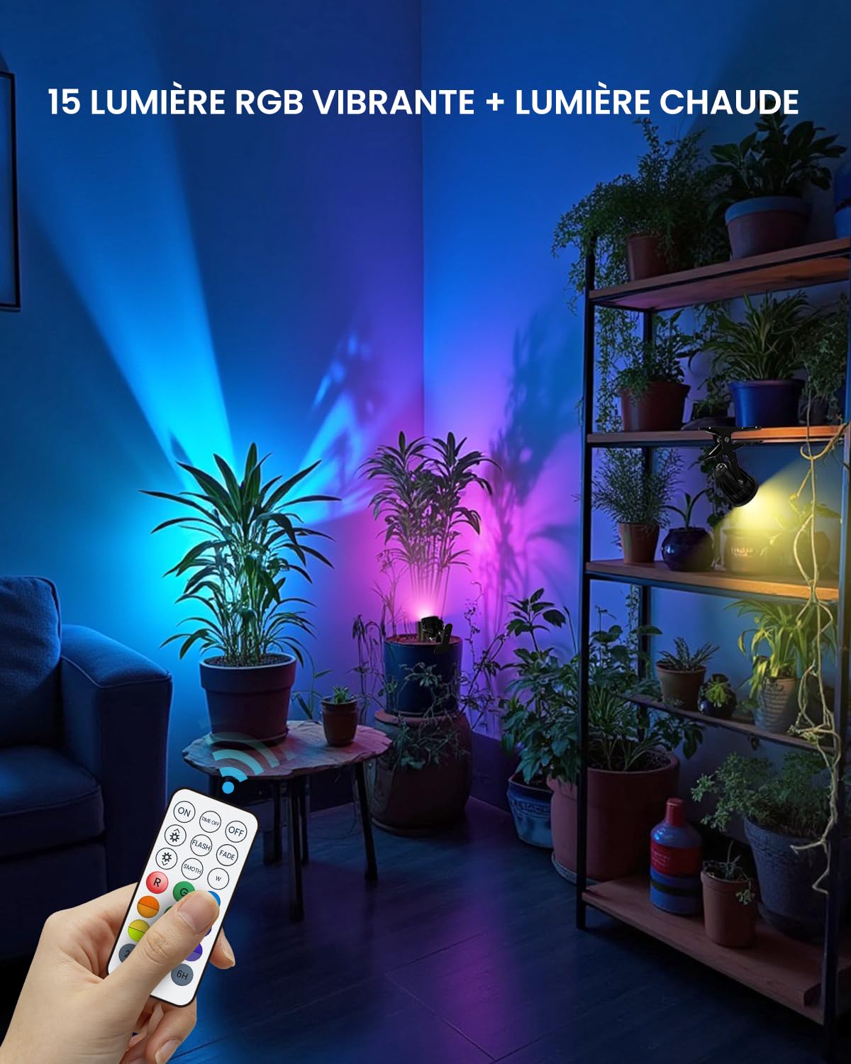 6W RGB LED Spot à Pince avec Télécommande, 15 Lumières RGB + Blanc Chaud 3000K, IP65 Résistant à l'Eau pour Intérieur et Extérieur, Lampe à Pince avec 1,78m Câble et Fiche
