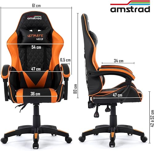 Amstrad Ultimate-Orange Fauteuil/Chaise de Bureau Gamer Coloris Noir & Orange - Coussin Lombaire & appuie tête - 4