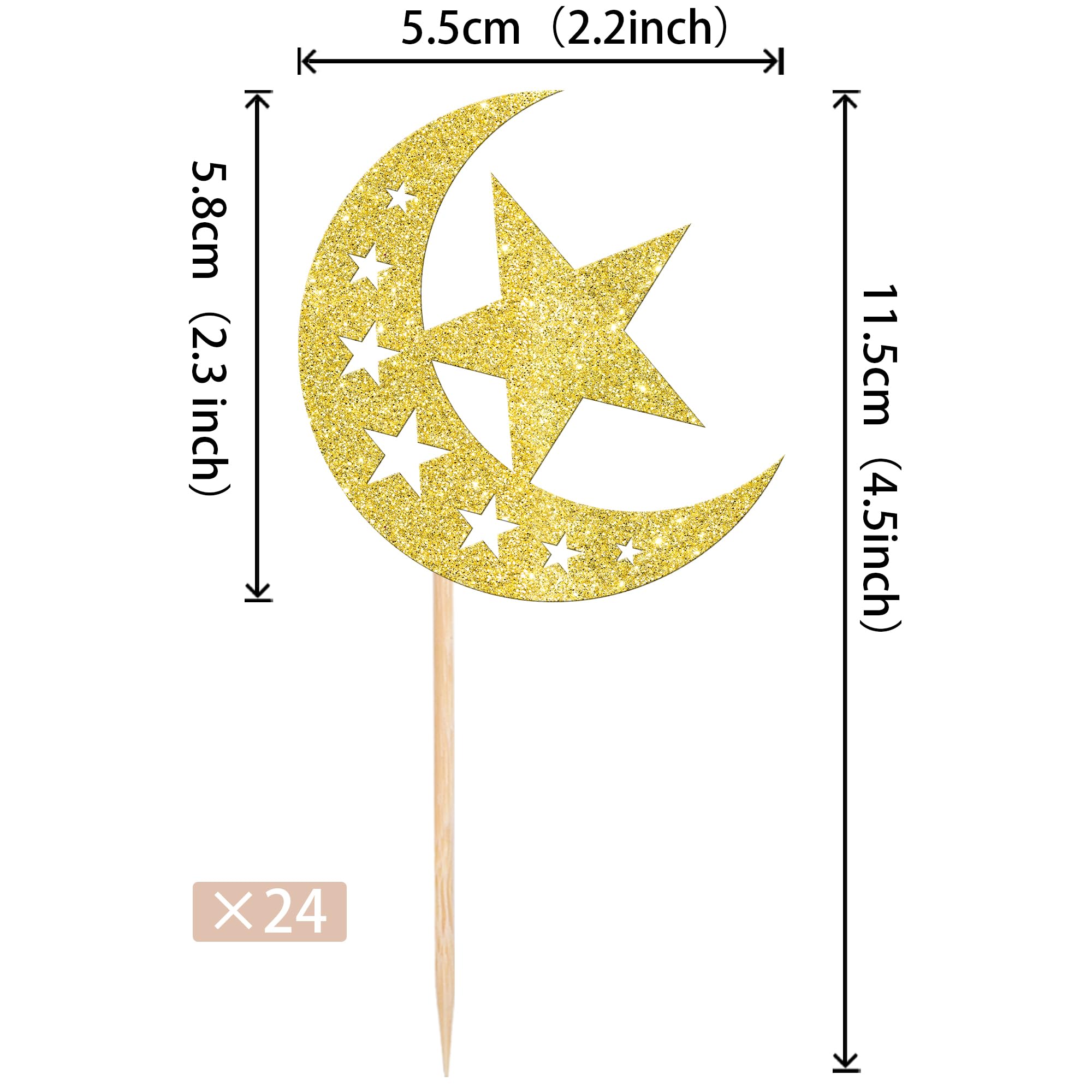 SYKYCTCY 24 Pack Moon and Star Eid Mubarak Cupcake Toppers Glitter Star Ramadan Kareem Cupcake Pick Islamic Muslim Theme Party Cake Decoration Supplies Gold - Image 2
