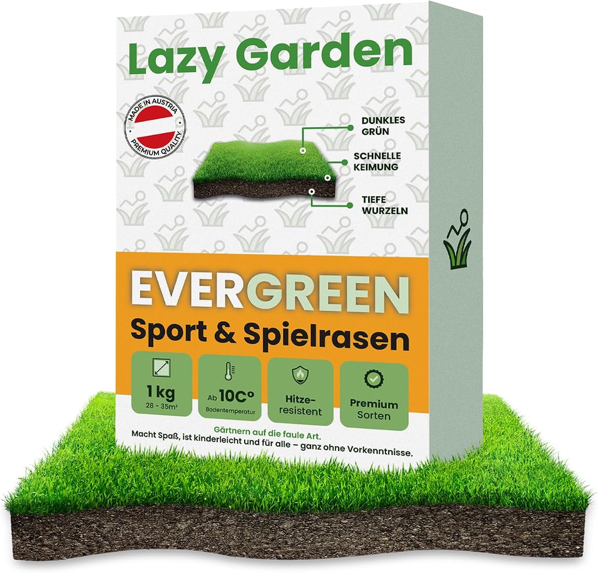 Lazy Garden Evergreen Premium Rasensamen 1 kg für 30 m²| hitzeresistenter Spiel- & Sportrasen | schnelle Keimung ab 10 °C | dicht, strapazierfähig & regenerationsstark | für Neu- & Nachsaat