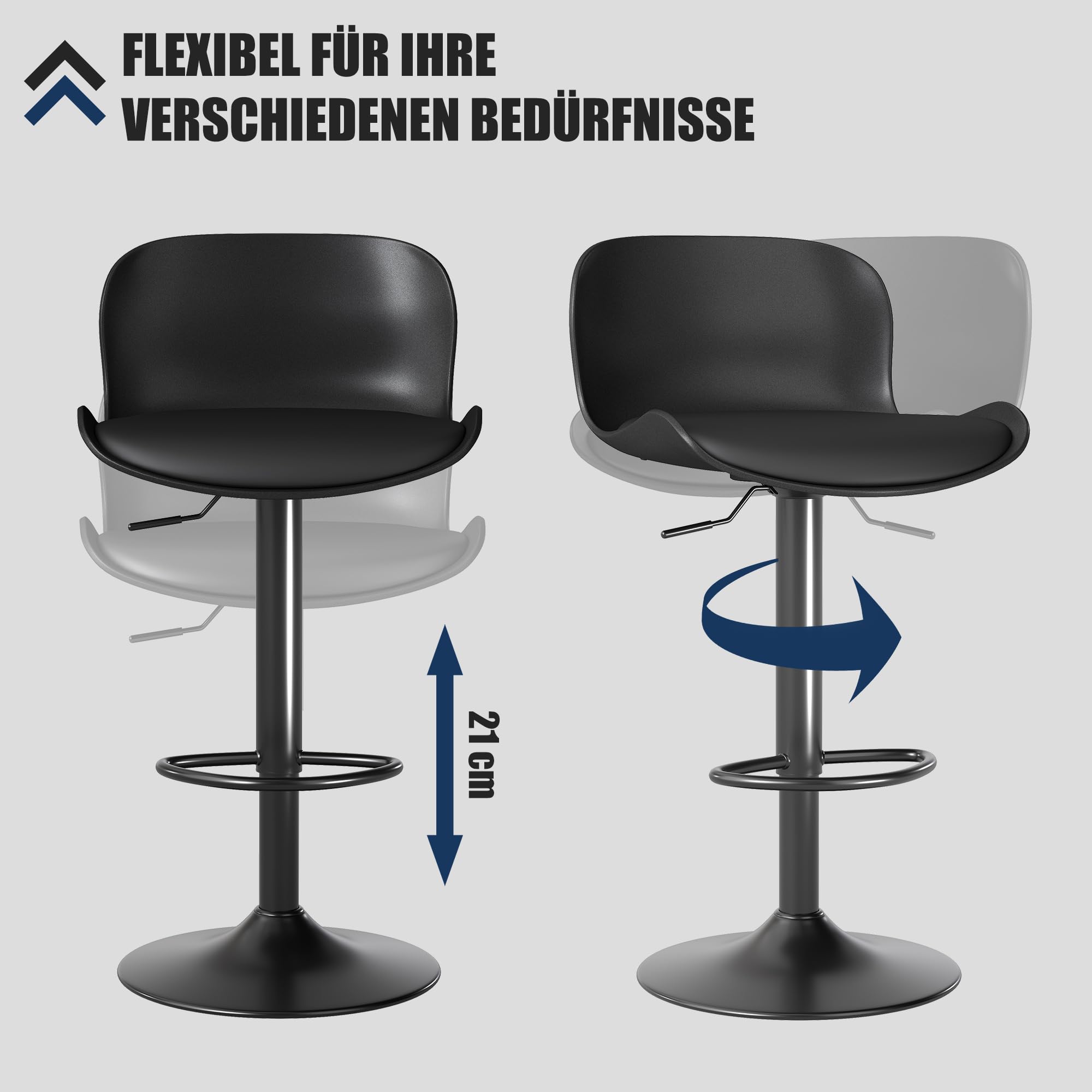 Flysky Barhocker 3er Set, verstellbar, Rückenlehne, PU-Leder, Schwarz