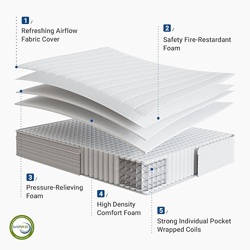 Miniatura 4 de Avenco Colchón tamaño King de 12 pulgadas en una caja, colchones de felpa mediana King con resortes de bolsillo Smarts Coil híbridos para alivio de