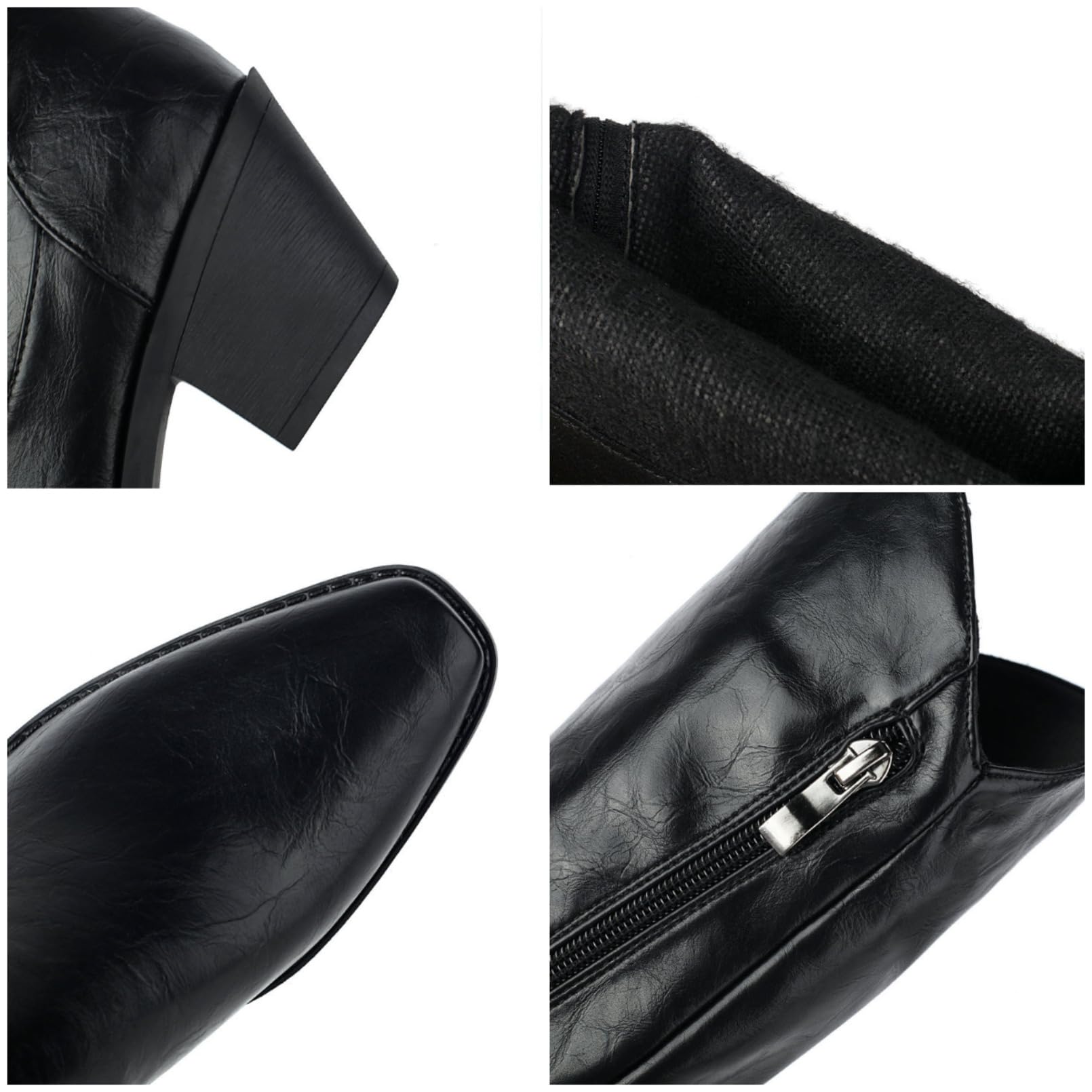 Mujer Botas Altas Punta Cuadrada Cremallera Tacones Anchos Botas Largas Elásticas Botas De Montar Invierno Calientes Simples Botas Cuero Impermeables Pantorrilla Ancha
