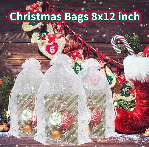 Miniatura 5 de Paquete de 50 bolsas de organza de Navidad de 8 x 12 pulgadas, diseño de copo de nieve, bolsa de regalo grande de Navidad con cordón para embalaje,
