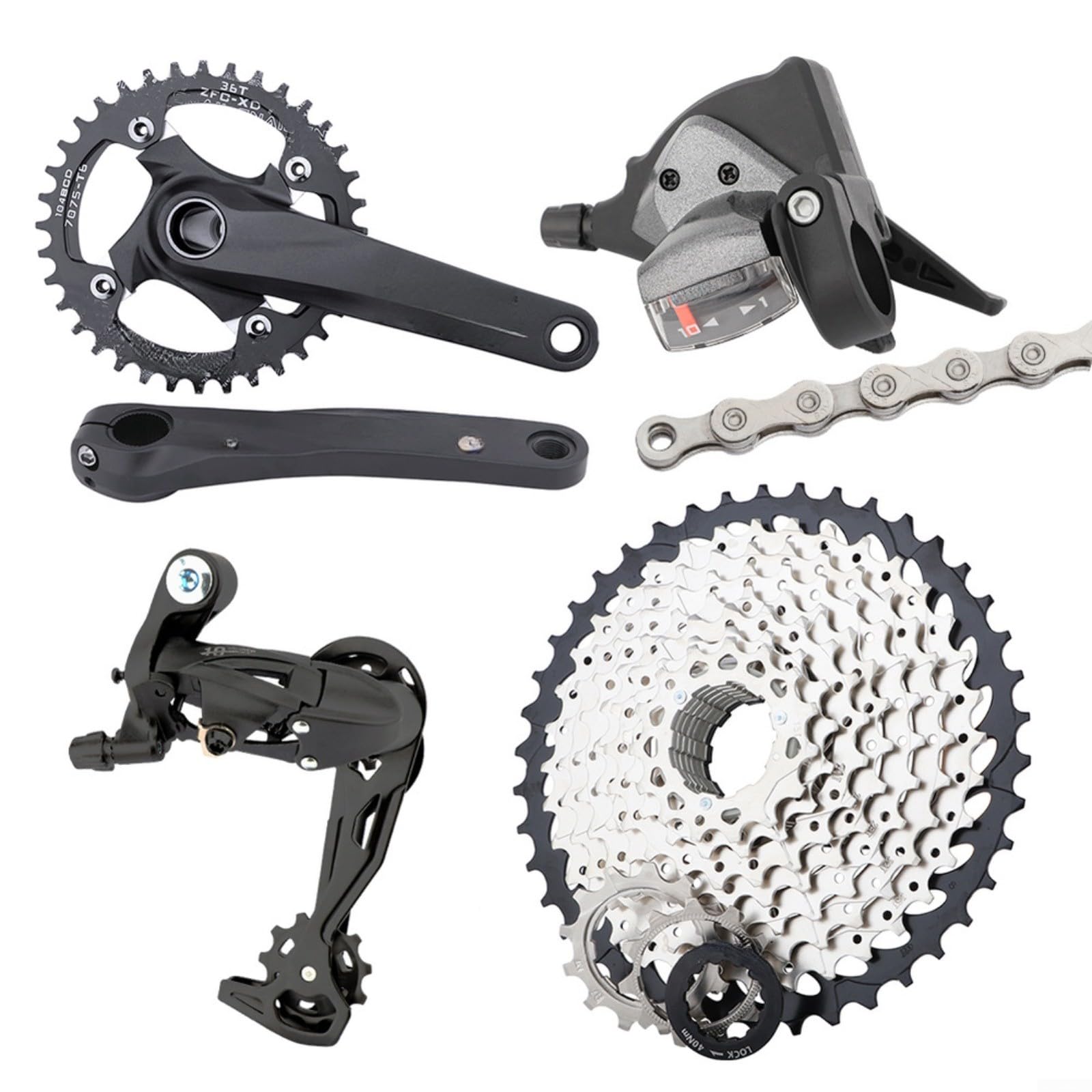 RichVibe Grupo MTB de 10 velocidades que incluye bielas huecas 36T, cadena 42T, palanca de cambios de cadena y desviador trasero para uso en senderos y carreteras