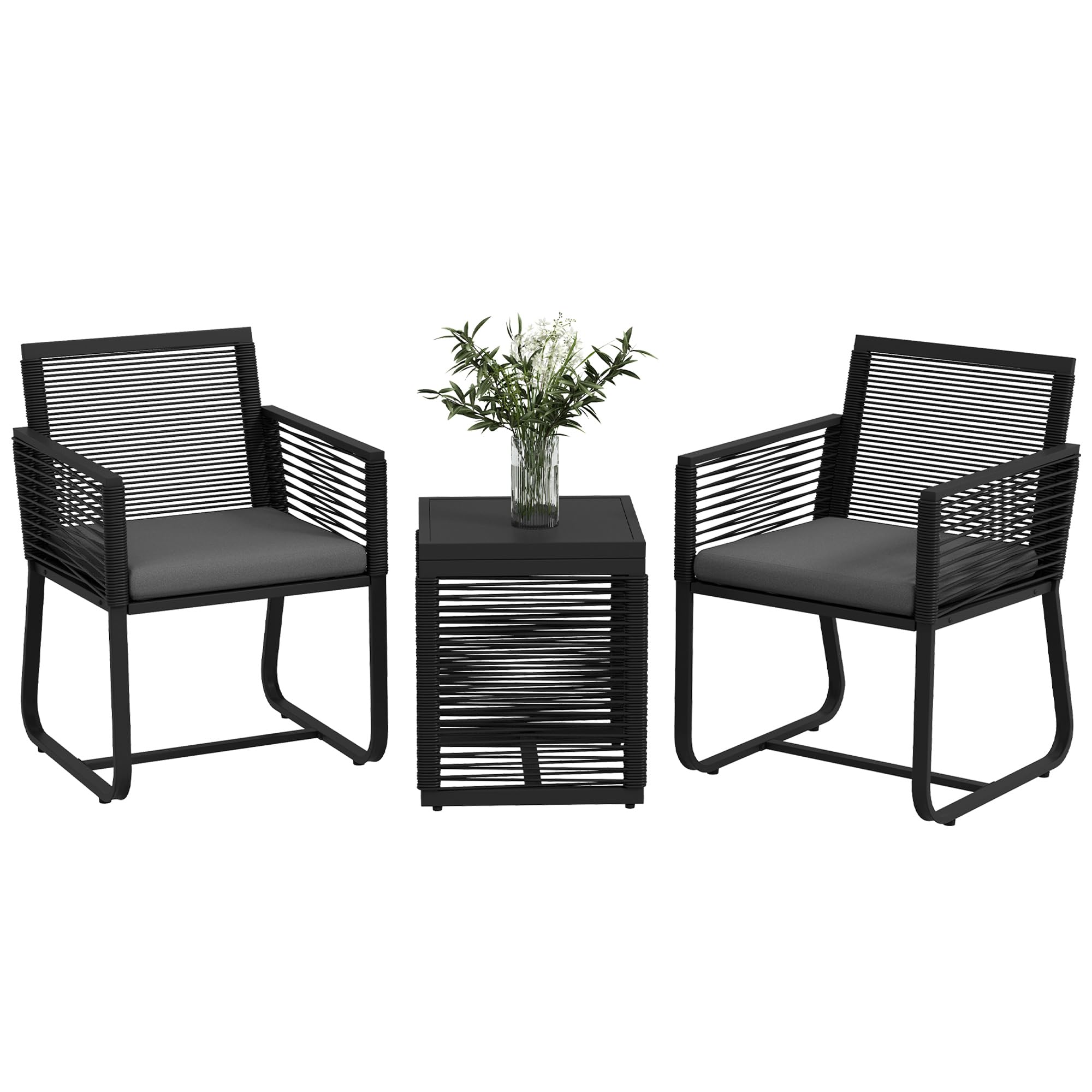 Outsunny 3-teiliges Rattan Gartenmöbel-Set Sitzgruppe Gartengarnitur mit 2 Gartenstühlen, Beistelltisch mit Hartglasplatte, inklusive Kissen, ideal für Balkon, Schwarz