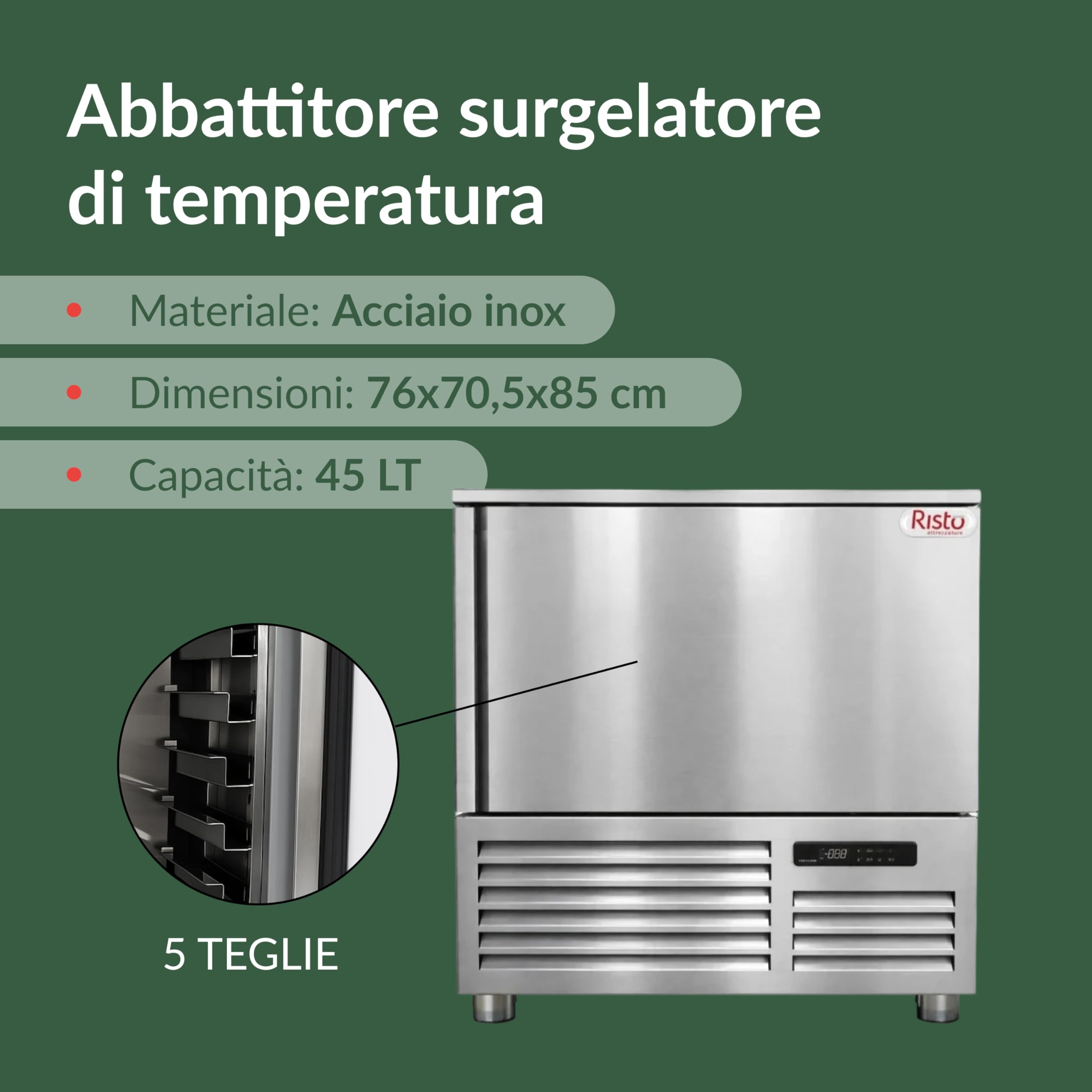 Abbattitore di Temperatura Professionale 5 Teglie 600x400 mm/GN 1/1 - +8°C / -40°C, 0.76 kW, Acciaio Inox, Ideale per Ristorazione, Pasticceria e Catering