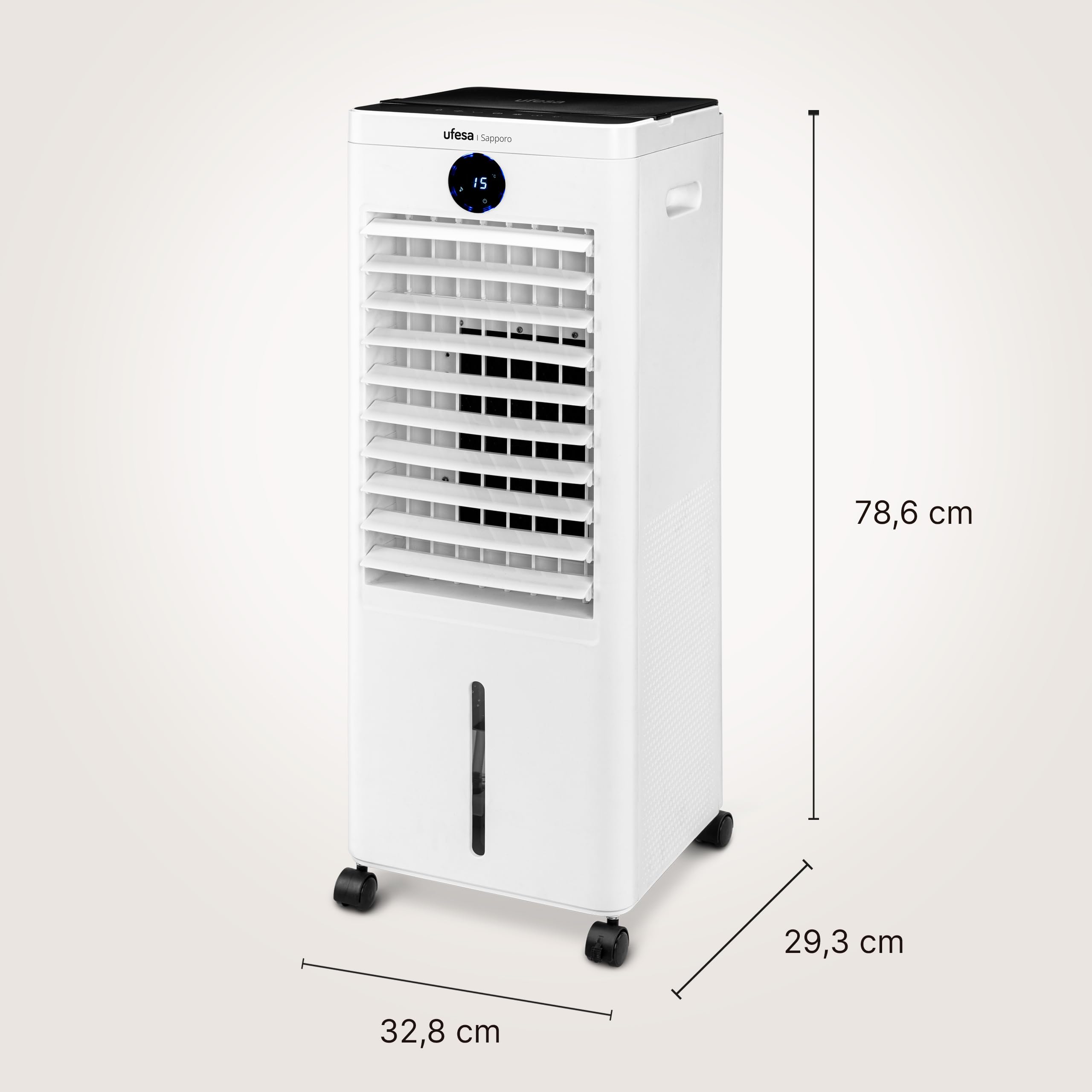 Ufesa Sapporo Climatizador Evaporativo, 100W, Función Fría y Ventilador, 3 Velocidades, 3 Modos, Panel Táctil, Depósito 12L, Temporizador 12h, Filtro Lavable, 2 Bloques de Hielo, Mando a Distancia