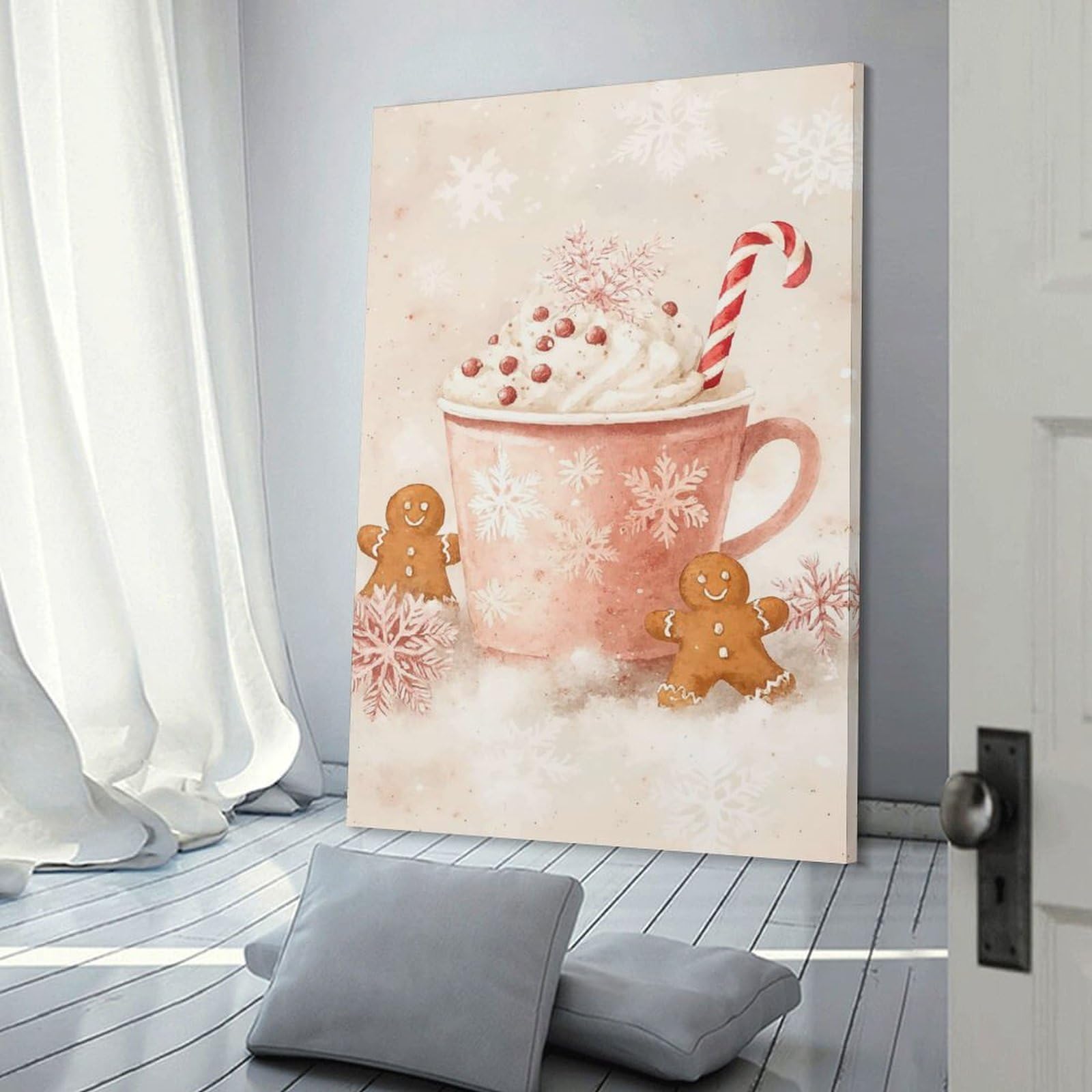 Junmoney Watercolor Christmas Cocoa with Gingerbread Men Hanging Wall Art 16x24inch(40x60cm), for New Homes, Bedrooms Or Workspaces, Thoughtful Wall Decor for Art Lovers
