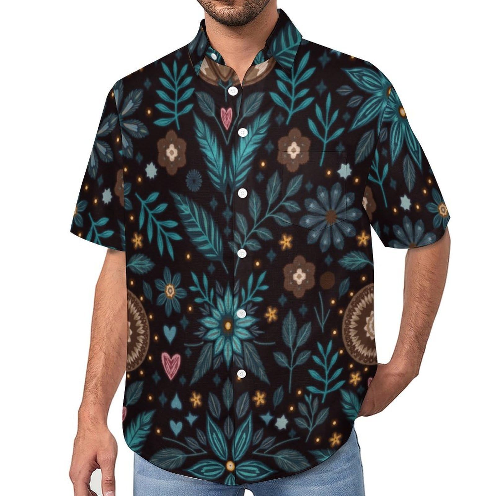 Camicia Casual da Uomo, Stelle Foglie Stampa Maglietta Estiva a Maniche Corte Stile Boemia Casual Button Down Hawaiani Camicie Risvolto Spiaggia Top