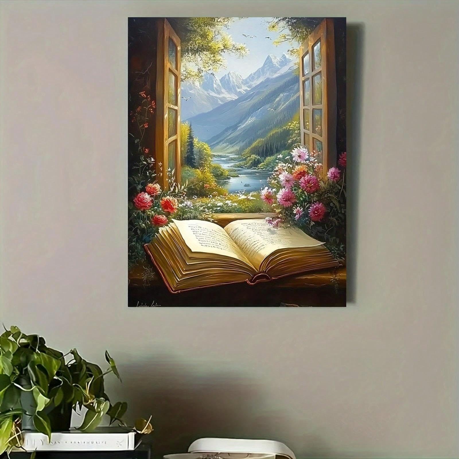 Pintura sobre lienzo, arte de pared, libro abierto con encantadora vista de paisaje para el hogar, oficina, sala de estar, dormitorio, restaurantes, decoración, 70x108cm, marco interior