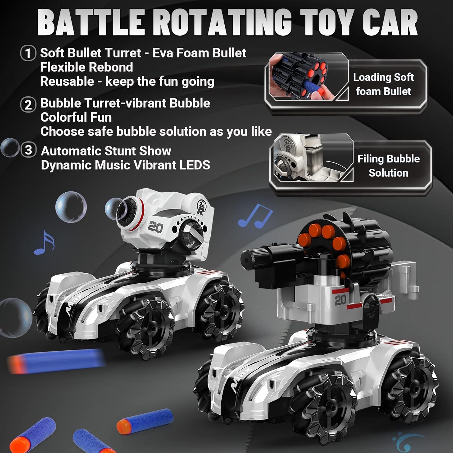 Coche de Control Remoto 2.4GHz 4WD RC Stunt Car 360° Rotación Drifting con Torretas y Dardos