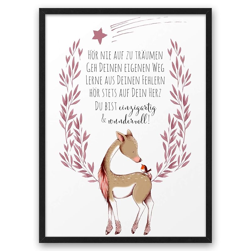 REH mit VOGEL Hör nie auf zu träumen ABOUKI Kunstdruck Poster Bild auf