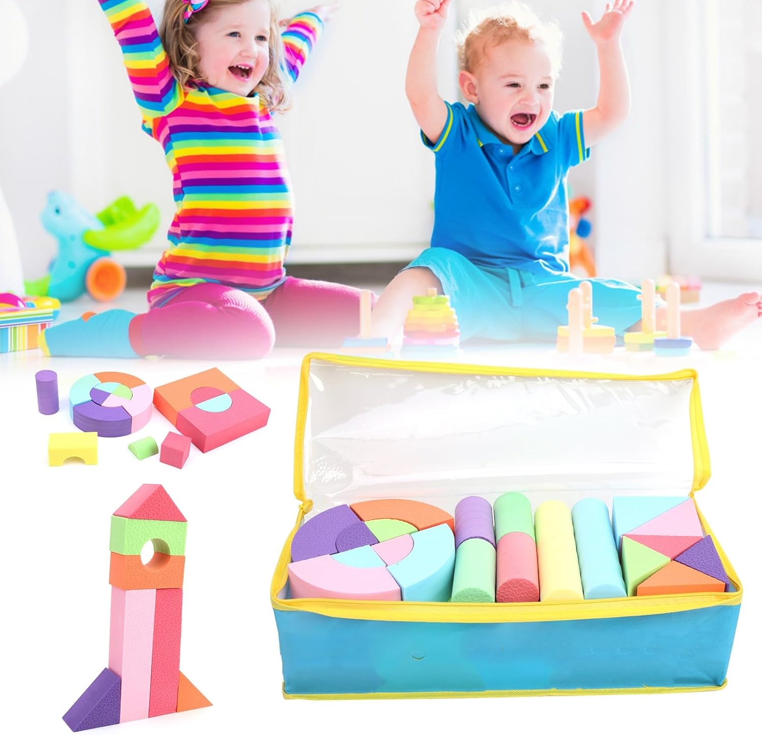 Qiilu Soft Stacking Blocks Educational Multicolored Stacking Construction Toys for Kids S + STEM Building Toys + Building Blocks