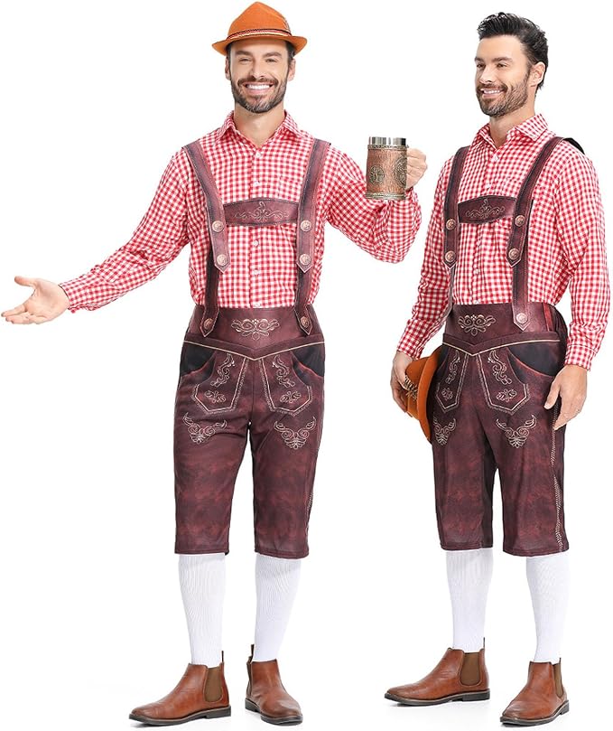 Tenue Complète Oktoberfest Homme - Lederhosen Courte Marron + Bretelles + Chemise Carreaux Bleu/Rouge - S à 2XL