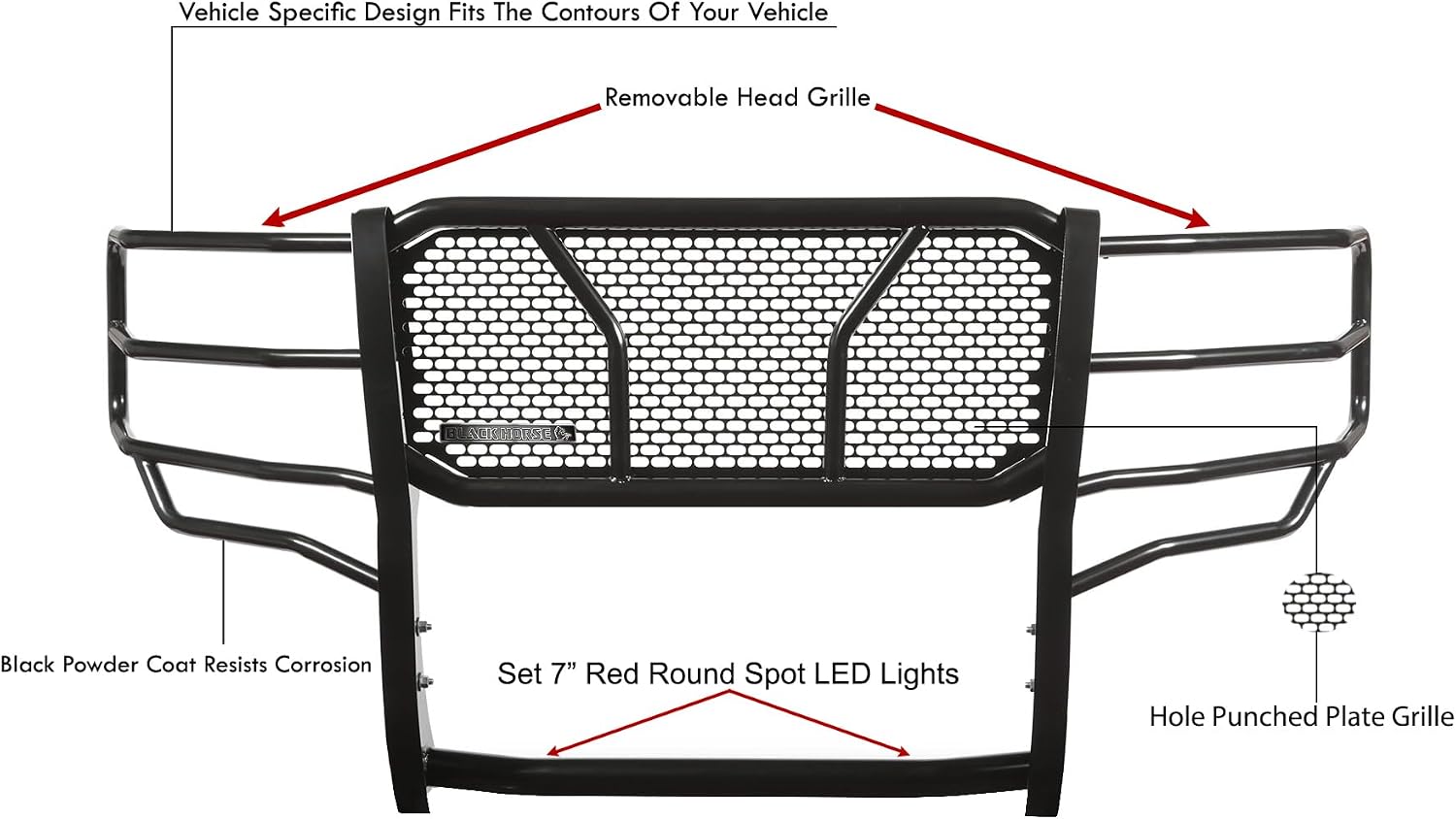 Black Horse RUGGED Heavy Duty Grille Brush Bumper Guard Modular Black Come With pair of 7.0"LED Lights Compatible with 2011-2016 Ford F-250 Ford F-350/Ford F-450/Ford F-550 Super Duty-RU-FOF211-B-PLR