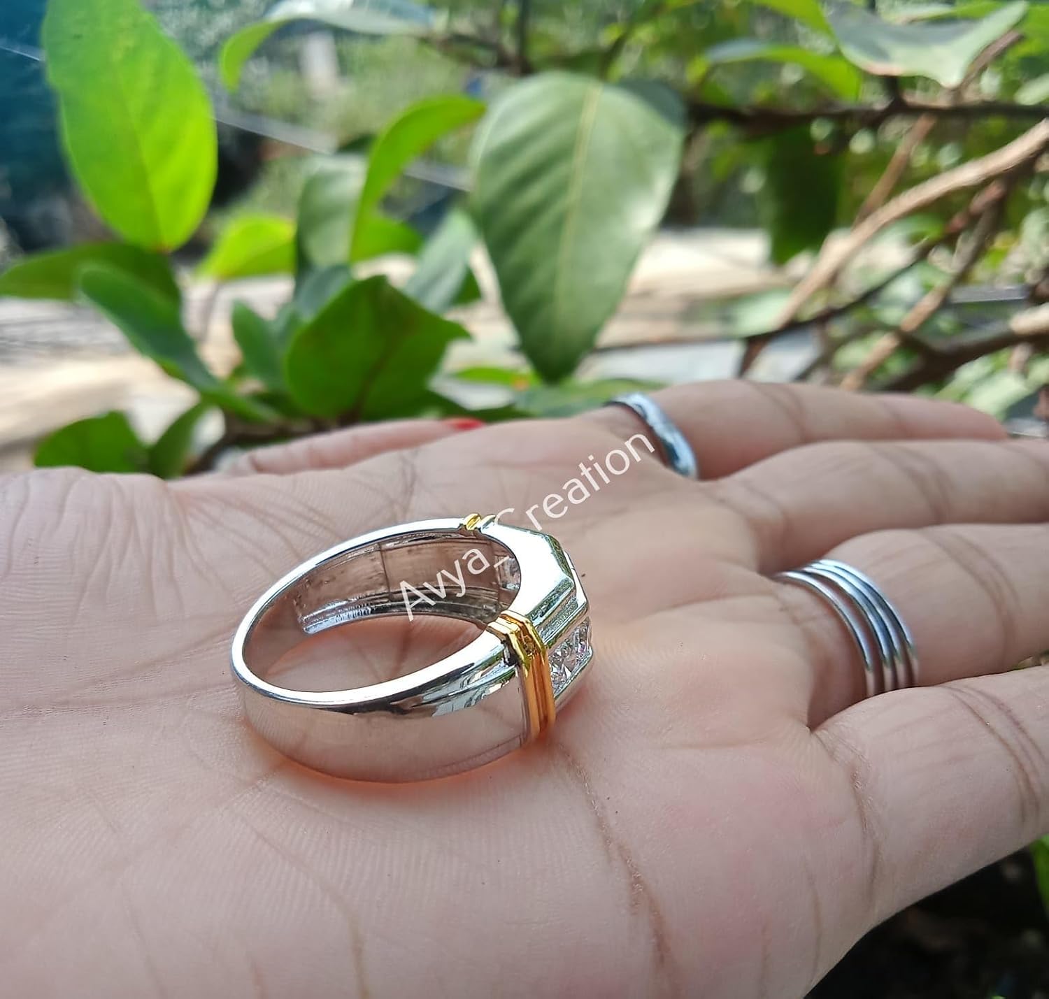 5 Stone Round Shape Natural Moissanite Men's Wedding & Engagement Band Ring in 14K Two Tone Gold Plated 925 Silver