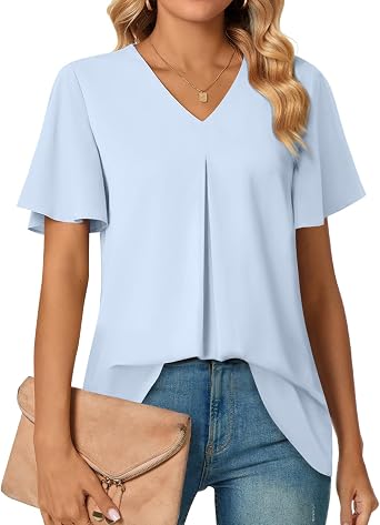 Anyally Womens Summer Dressy Chiffon Blouses V Neck Ruffle Short Sleeve Tunic Tops for Leggings Casual T-Shirts