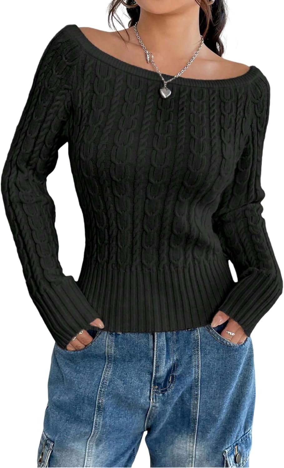 ZAFUL Women’s Boat Neck Cable Knit Sweater, Long Sleeve Off Shoulder Ribbed Slim Fit Pullover Tops Cute Fall Outfits 2025