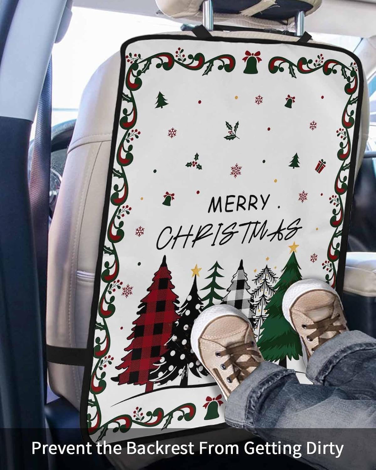 Car Seat Protector, 2 Pack Kick Mats Back Seat Protector Merry Christmas Red Green Black Xmas Tree Floral Border Waterproof Backseat Cover for Kids Universal Fit Automotive Interior Protectors