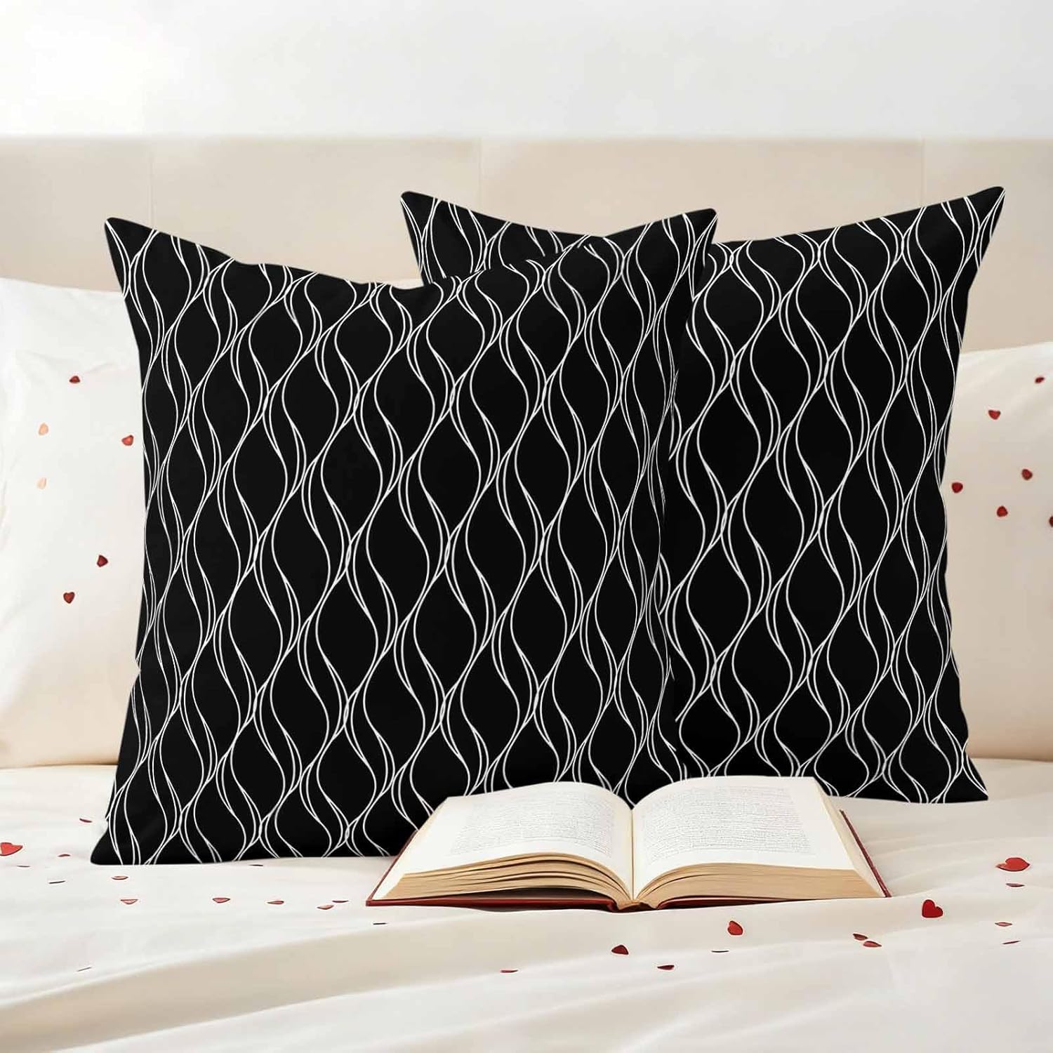 Outdoor Pillow Covers Waterproof, Black Gold Wave Abstract Art Foil Print Pattern All Weather Cushion Case Set of 2, White Thin Line Decorative Pillowcases for Sofa Bed Decor Patio Furniture 26"x26"